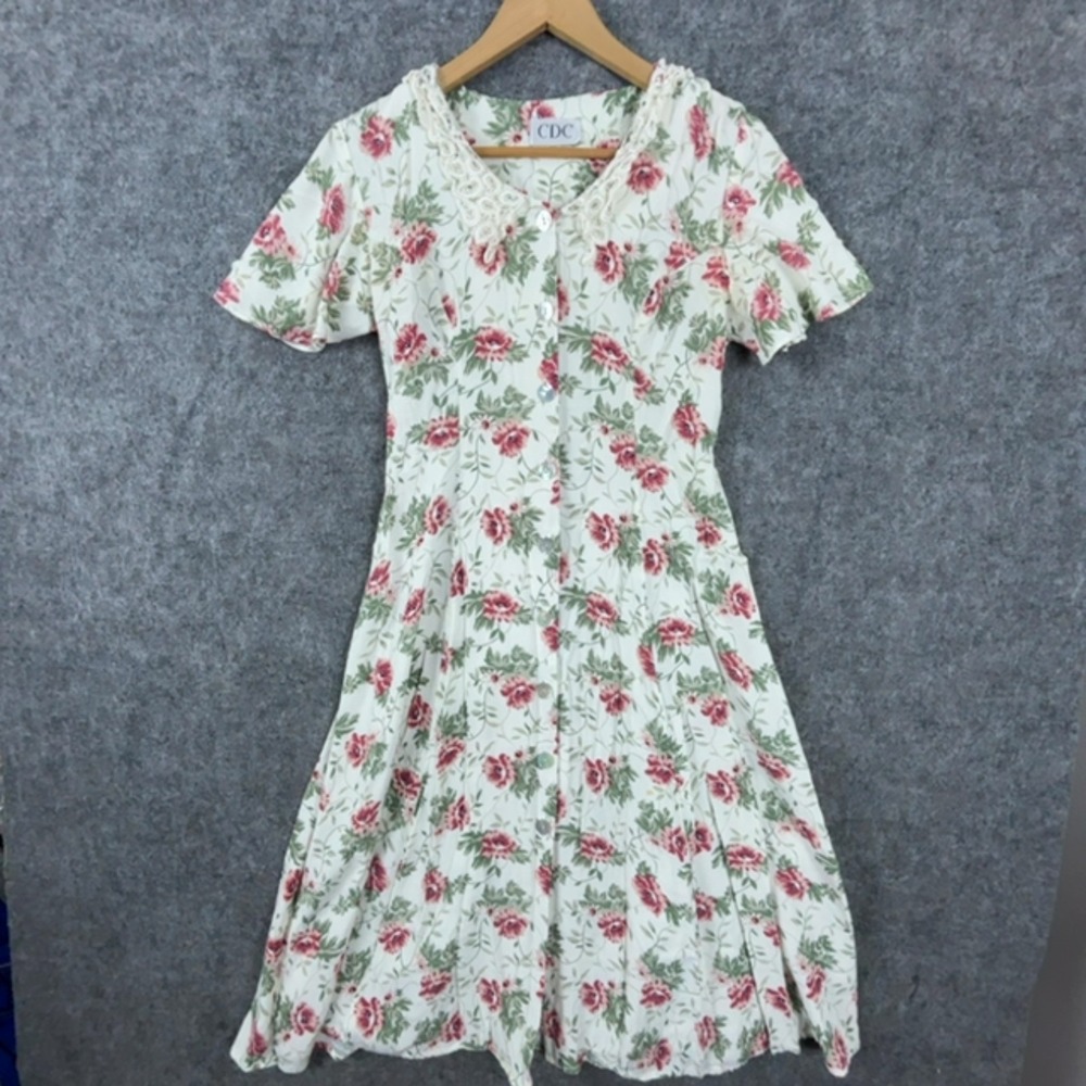 Vintage CDC Caren Desiree Company Dress Womens 12 White Floral Cottagecore 80s